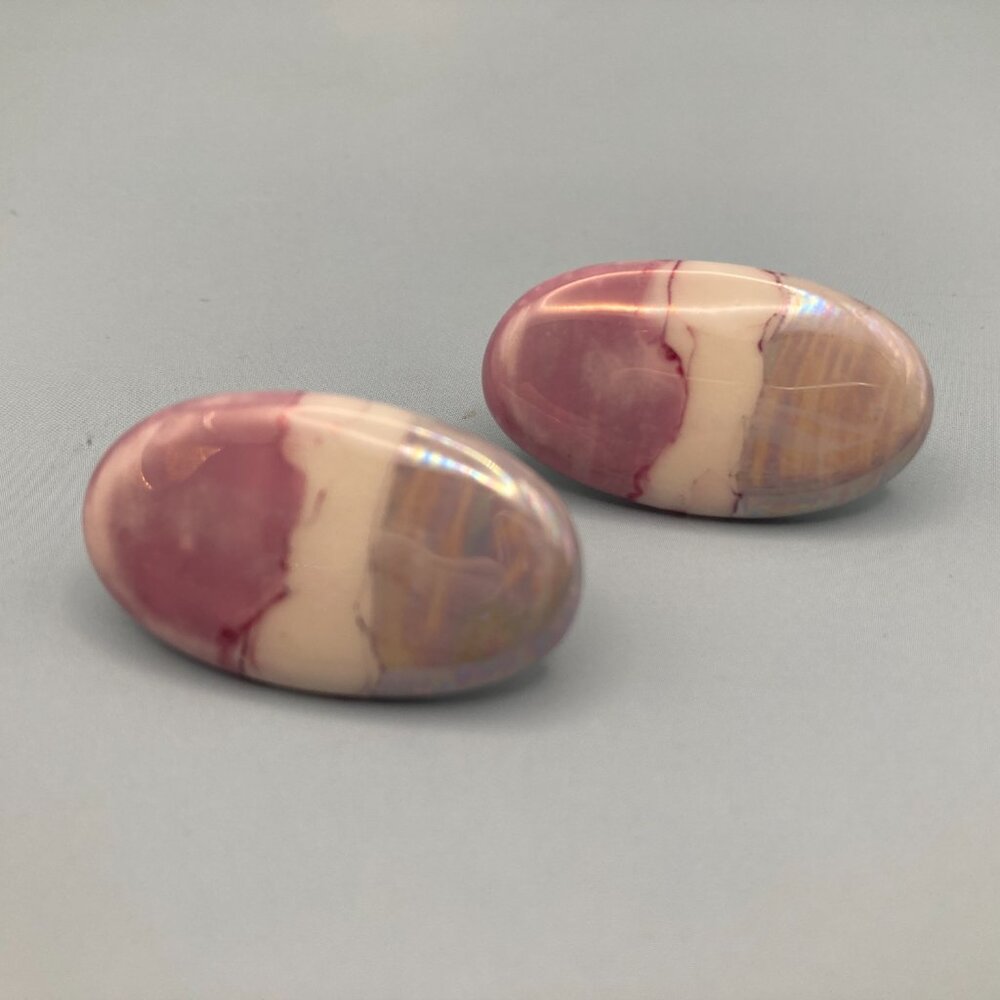 Vintage 1990s Oval Ceramic Iridescent Stud Back Earrings Pastel Glazed Porcelain
